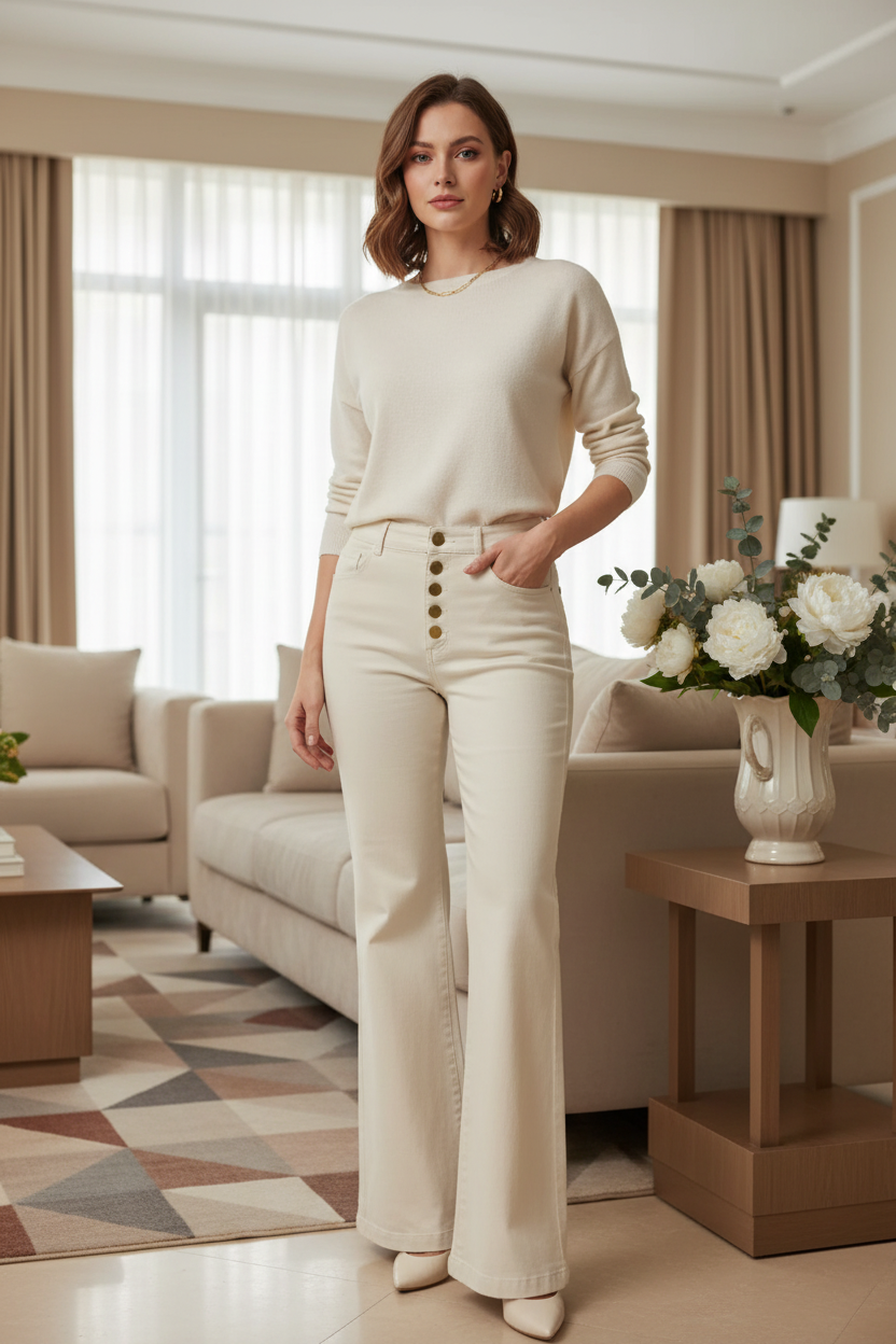 Pantalon crème – mannequin M/L – salon beige