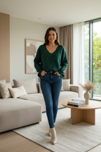 Pull vert cœurs rouges – 40/42 – salon moderne